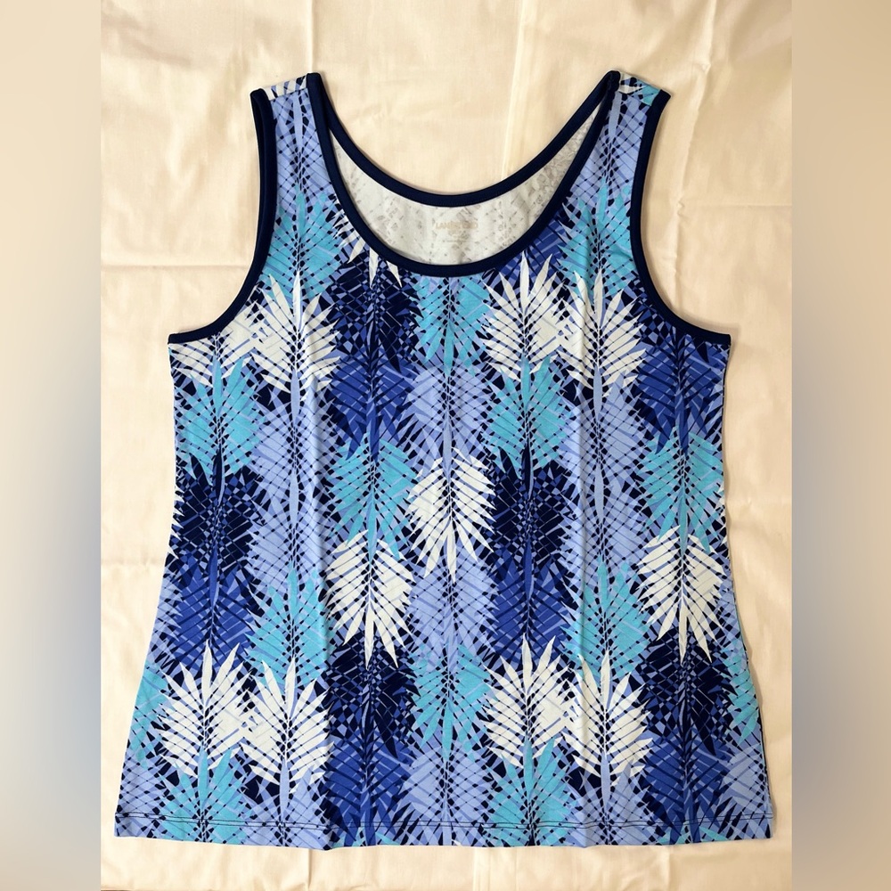 Lands' End Blue and White Tropical Leaf Tank Top